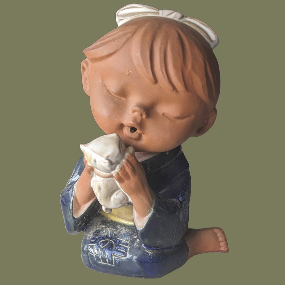 Vintage 1970s UCTCI Japan Glazed Terracotta Girl with Cat
